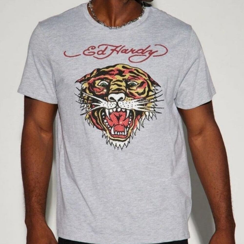 Ed Hardy NEW W/ Tags Light Gray Rhinestone Retro Y2K Tiger T-shirt Men's Size M